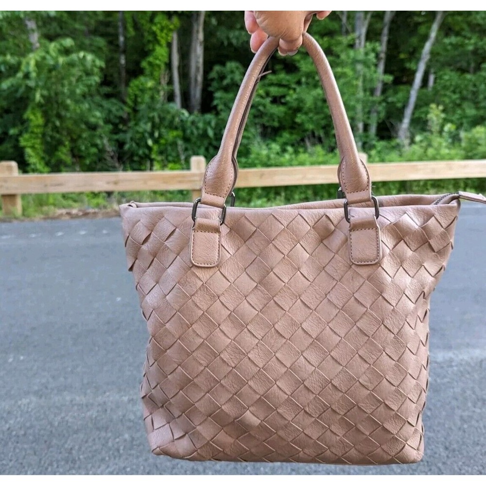 Quiet‎ Luxury Woven Tote Bag Taupe Vegan Leather Intrecciato Satchel Chic